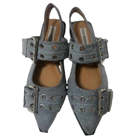 Steve Madden Graya Womens Size 8M Snipped Toe Denim Slingback Buckle Flat Shoes - Picture 3 of 10
